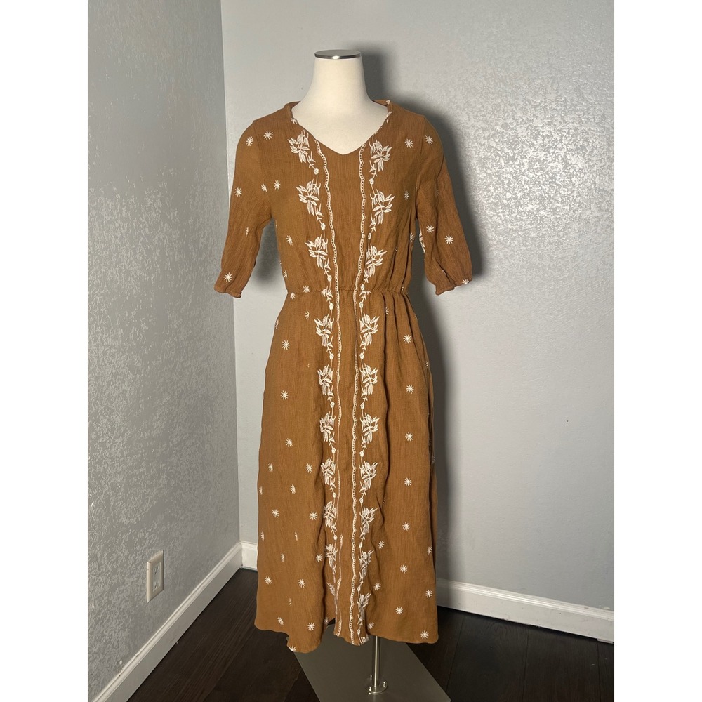Sweet Salt Womens Brown Embroidered Midi Dress V-Neck Sz 10